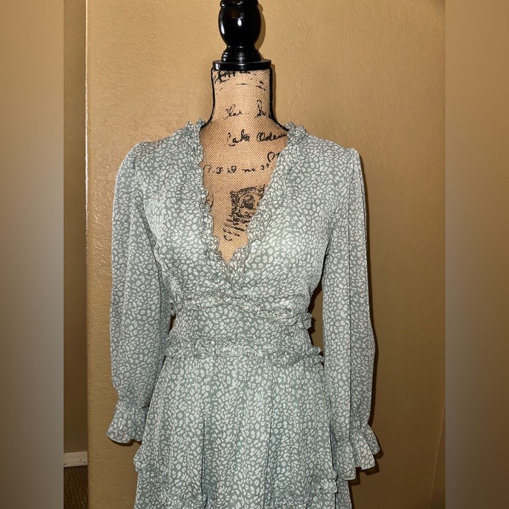 Fall Spring Deep V Neck Ruffle Long Sleeve Floral Print Mini Dress